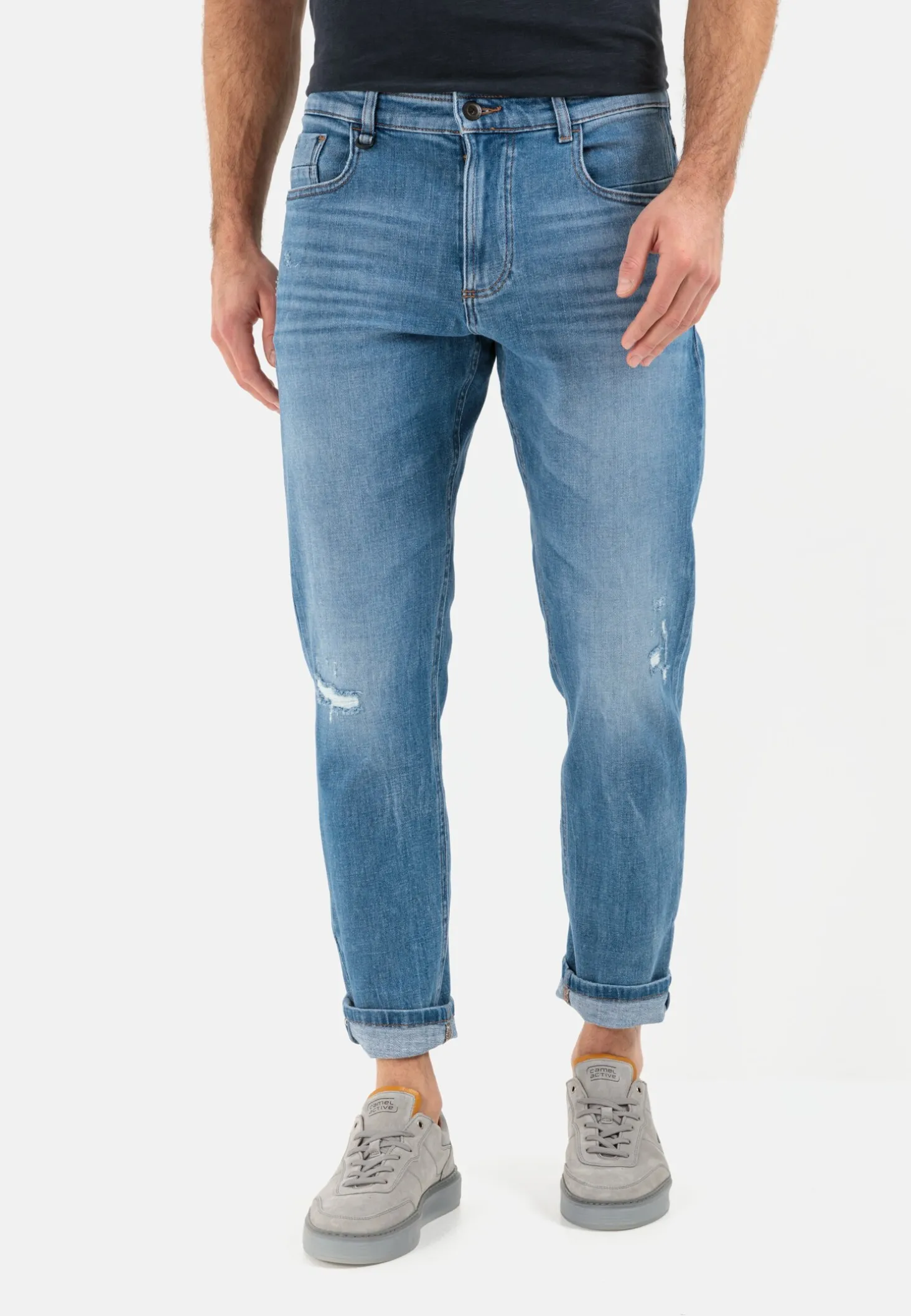 Tapered Fit Destroyed Jeans mit Smartphone Tasche